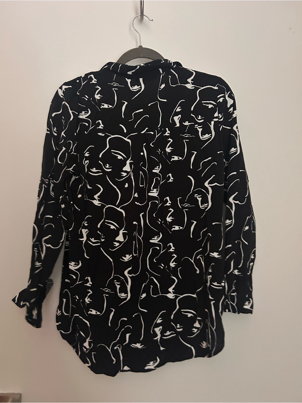 Abstract Face Print Black & White Button-Up Blouse